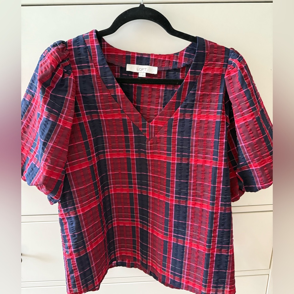 LOFT Women's Red and Blue Plaid Blouse